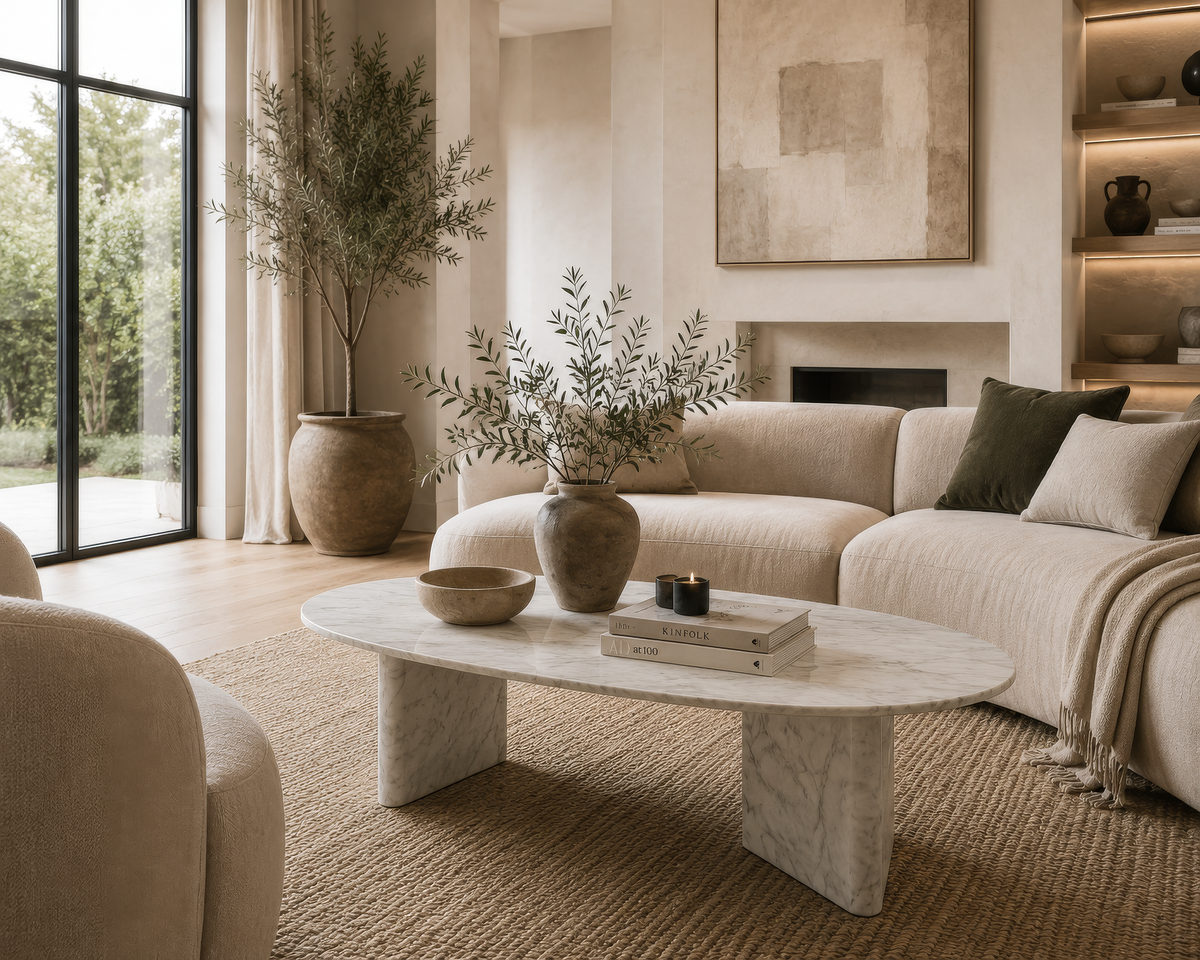 Neutral living room with a sofa and coffee table