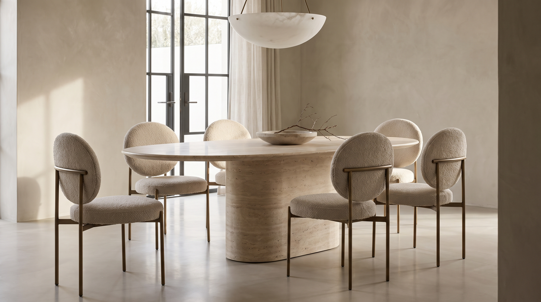 Sculptural boucle dining chairs around an oval travertine pedestal table