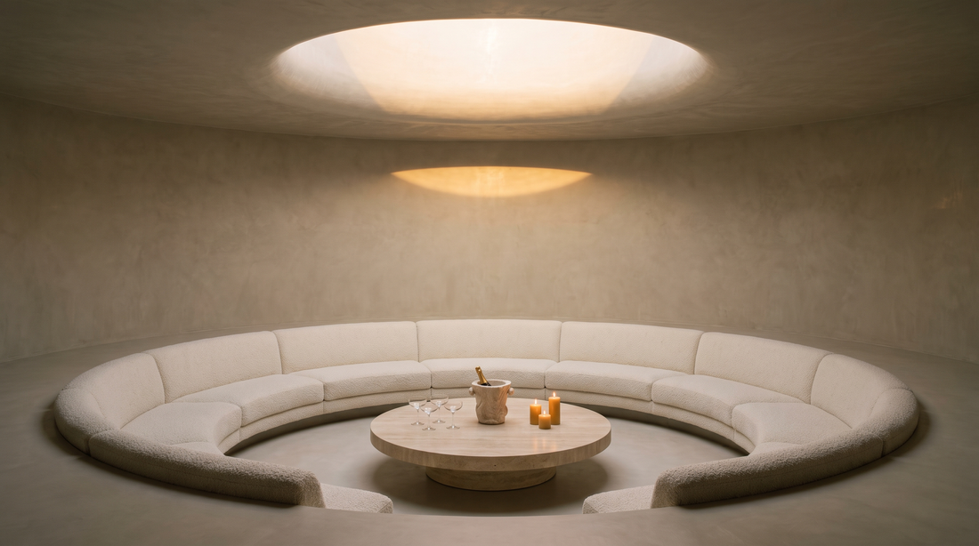 Sunken conversation pit with a curved boucle sofa around a travertine table set for guests under a skylight