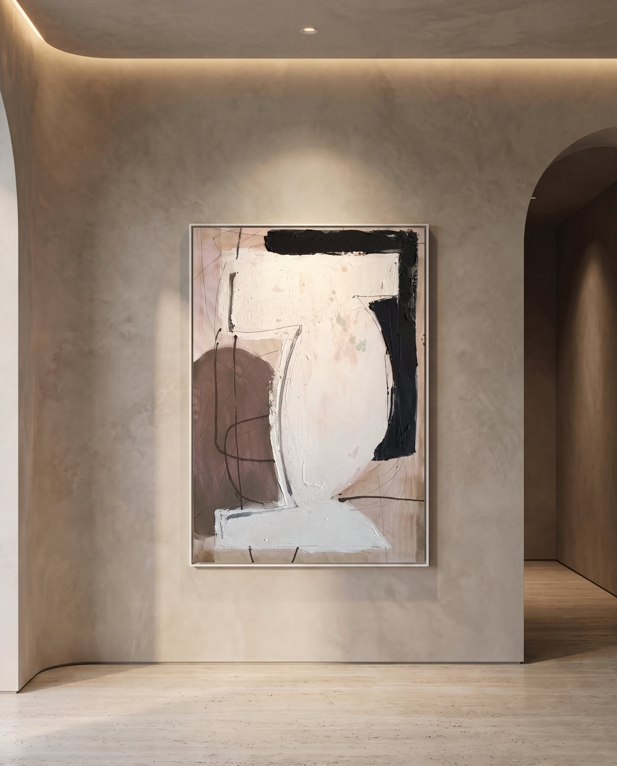 Alvoron canvas artwork in a white frame on a plaster wall