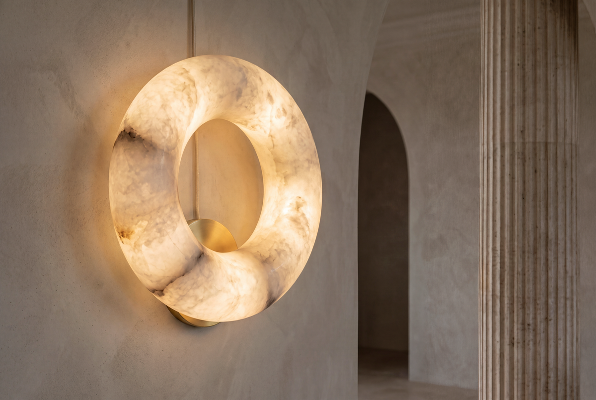 The Anello Alabaster Wall Light, lifestyle close-up