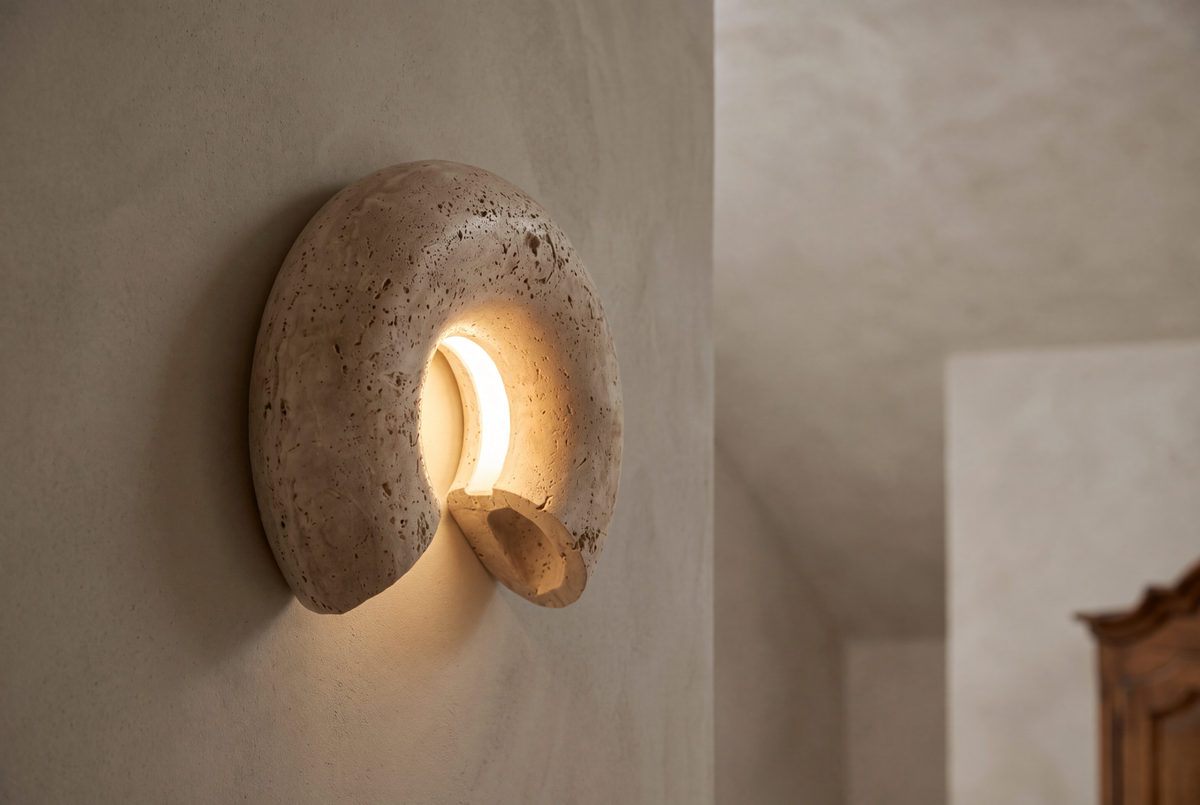 The Arco Travertine Wall Light, lifestyle close-up