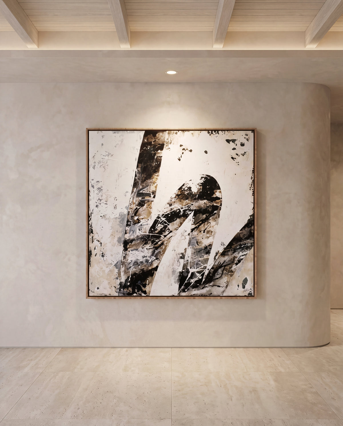 Arvento canvas artwork in an oak frame on a plaster wall