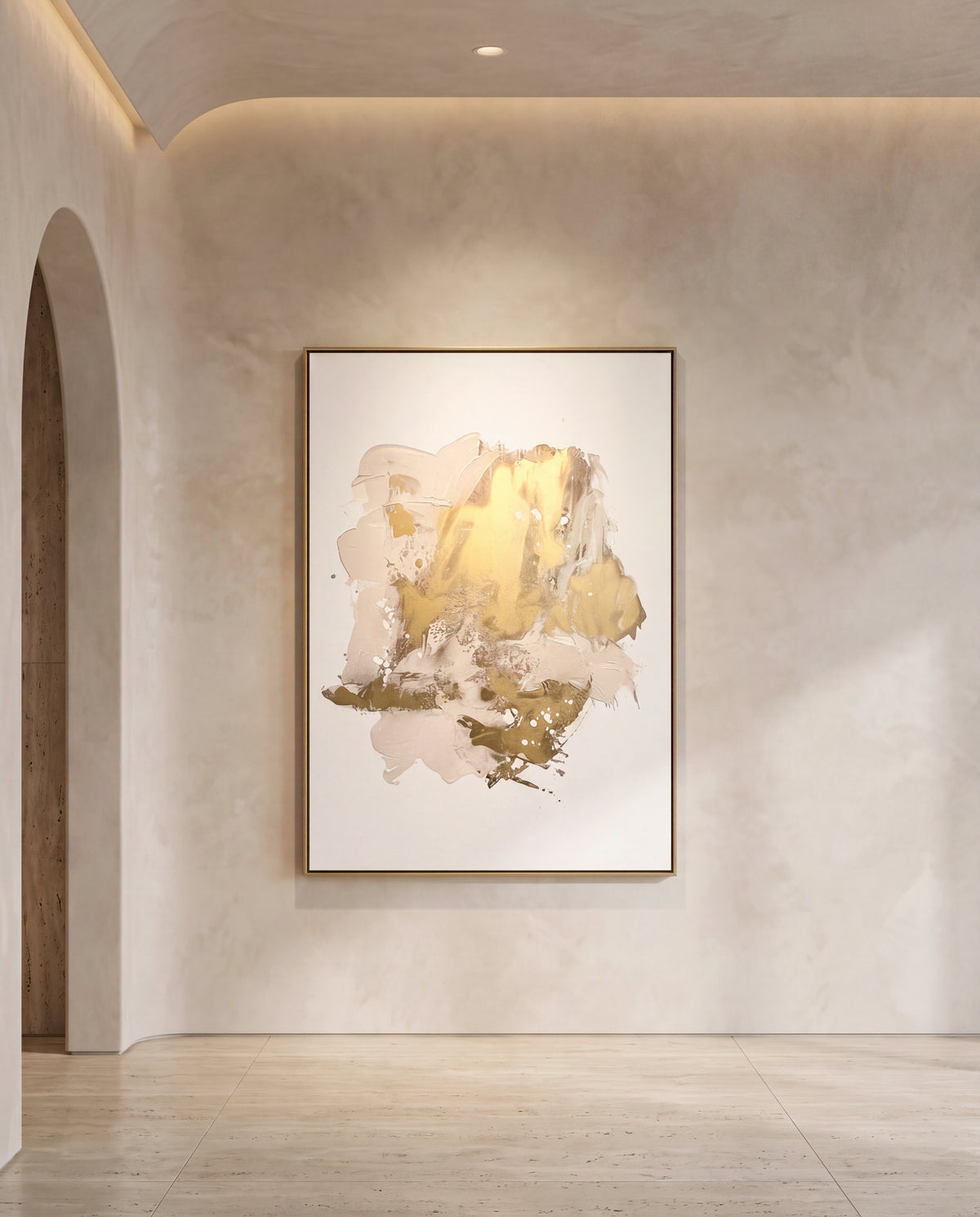 Aureo 1 canvas artwork in a gold frame on a plaster wall