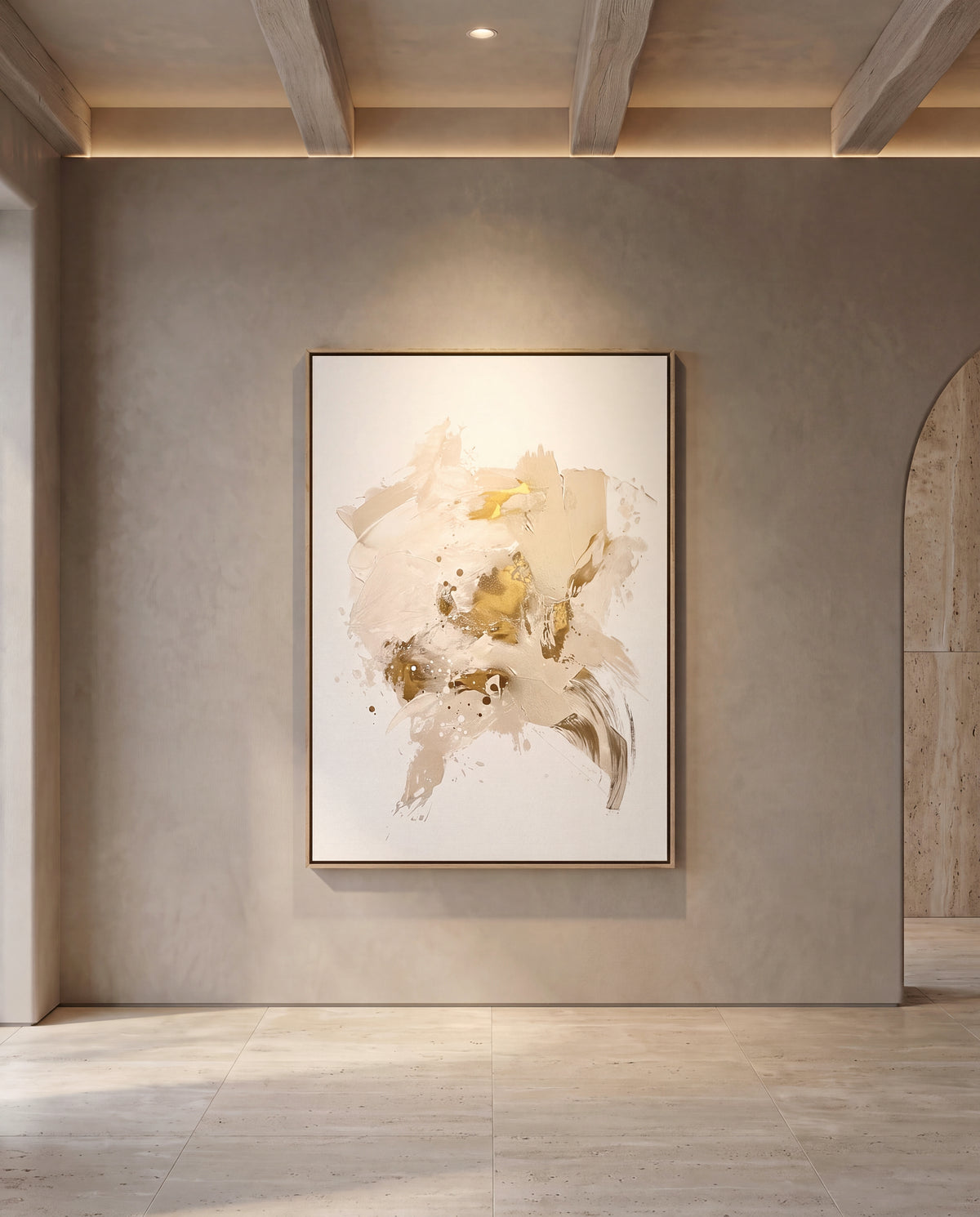 Aureo 2 canvas artwork in an oak frame on a plaster wall