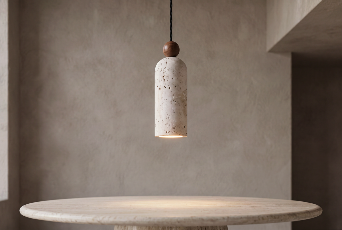 The Bacchetta Travertine Pendant Light, lifestyle close-up