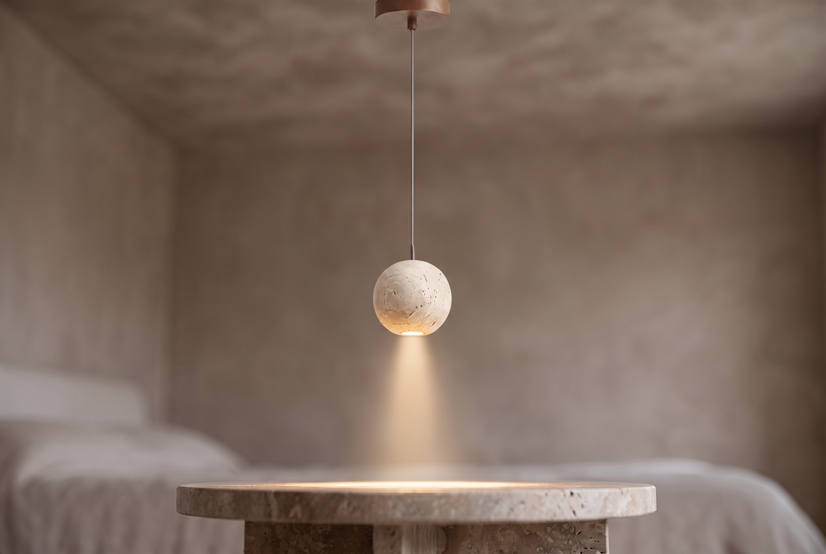 The Biglia Travertine Pendant Light, lifestyle close-up