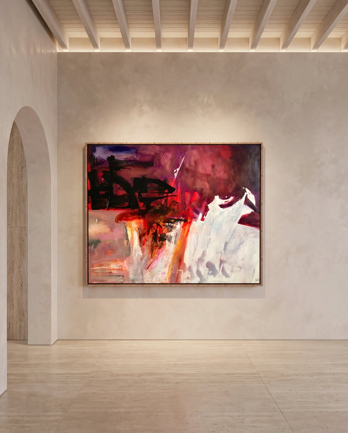 Bravari canvas artwork in an oak frame on a plaster wall