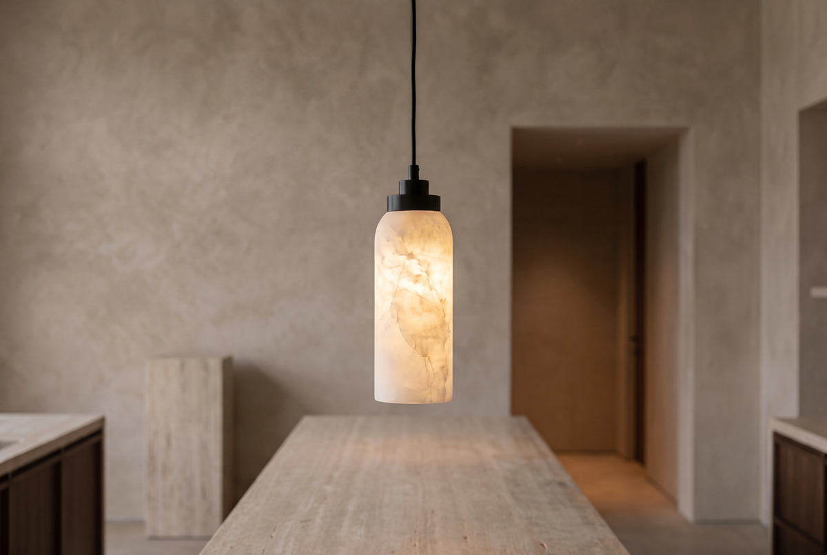 The Candela Alabaster Pendant Light, lifestyle close-up