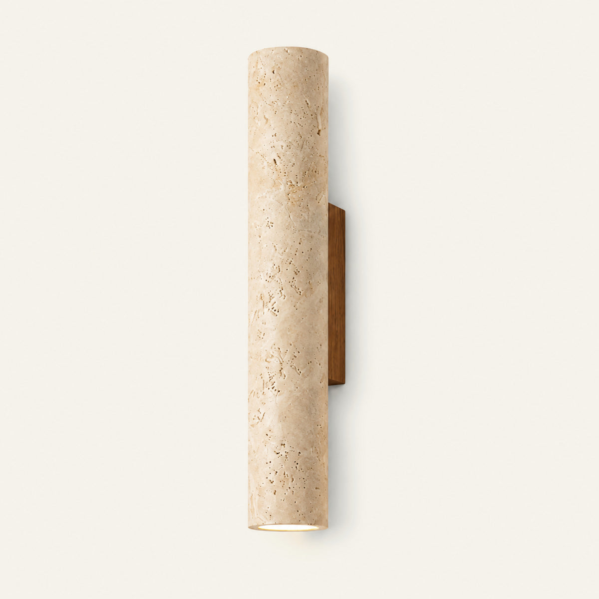 The Canneto travertine wall light, H32cm with a walnut mount