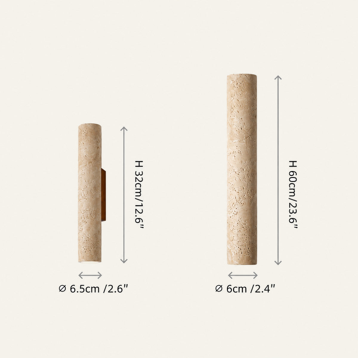 The Canneto travertine wall light dimensions of the H32cm and H60cm sizes