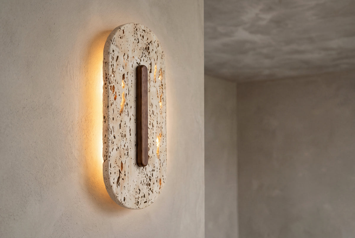 The Capsula Travertine Wall Light, lifestyle close-up
