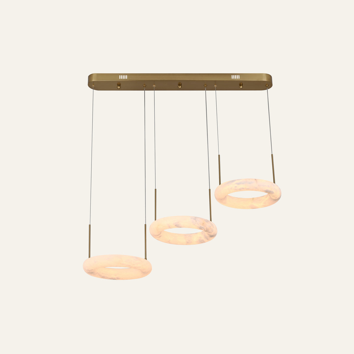 The Cascata alabaster chandelier, three rings in brass
