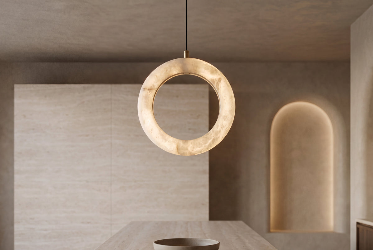The Cerchio Alabaster Pendant Light, lifestyle close-up