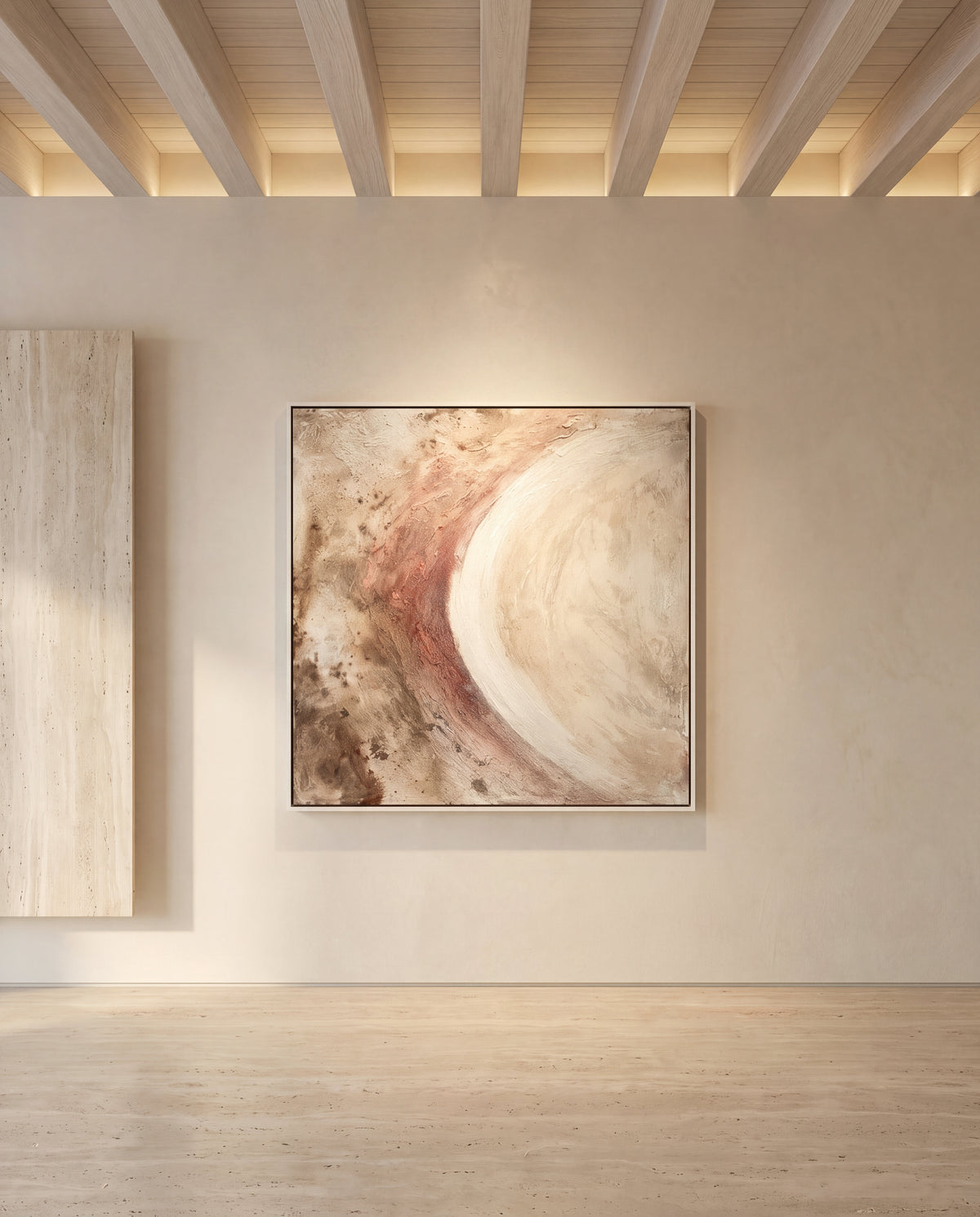 Cerra canvas artwork in a white frame on a plaster wall