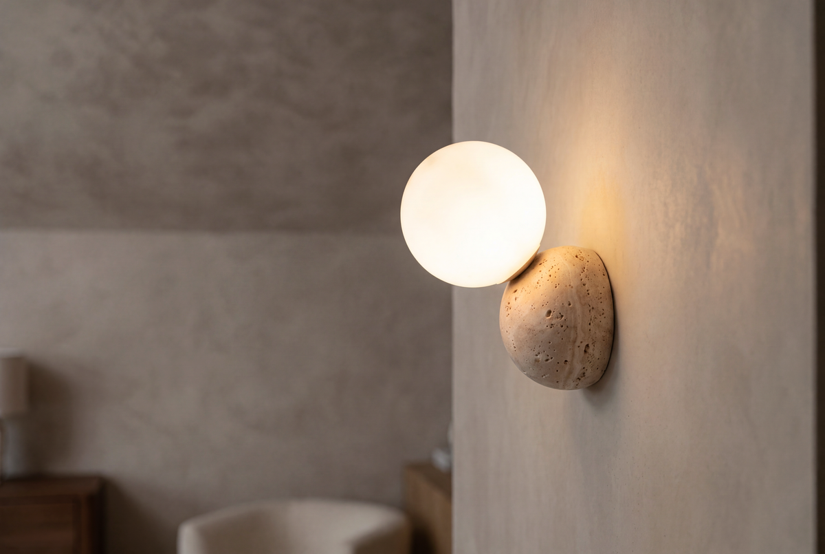The Ciottolo Travertine Wall Light, lifestyle close-up