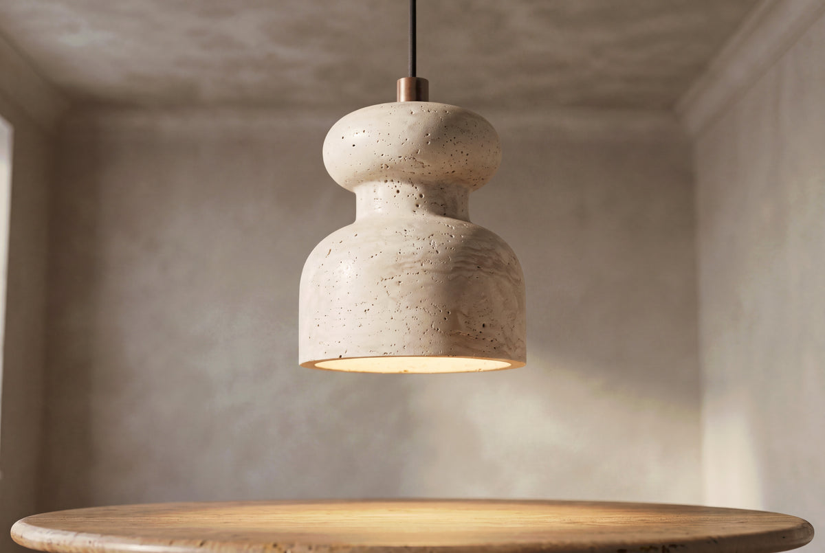 The Clessidra Travertine Pendant Light, lifestyle close-up