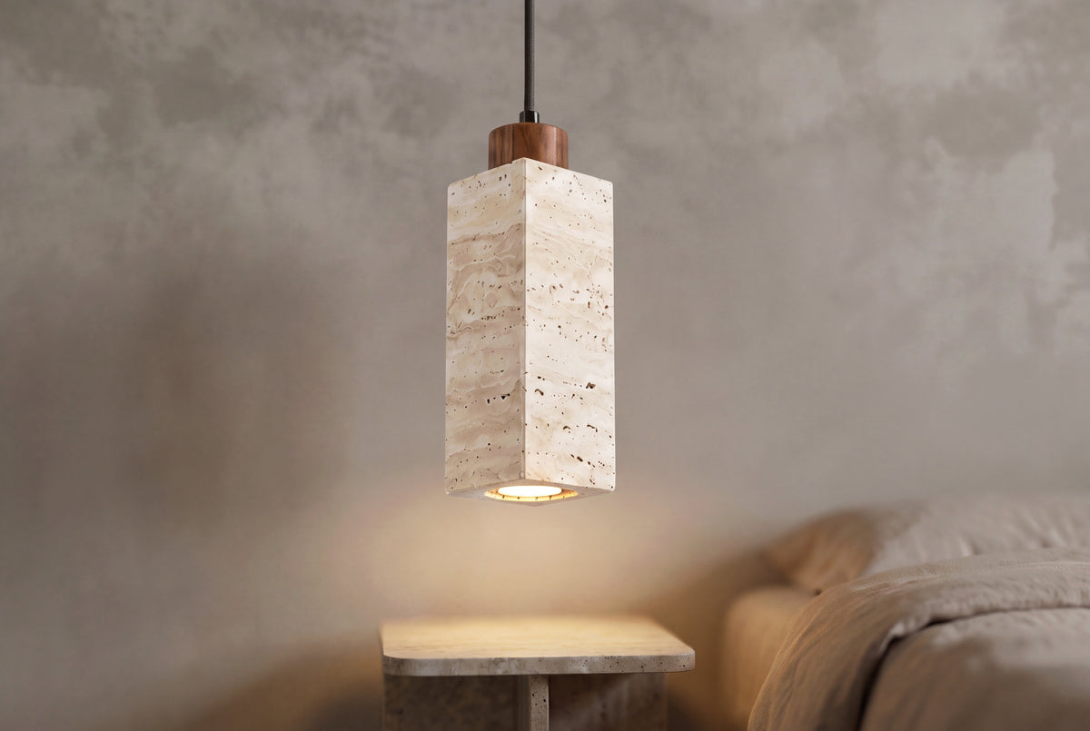 The Colonnina Travertine Pendant Light, lifestyle close-up