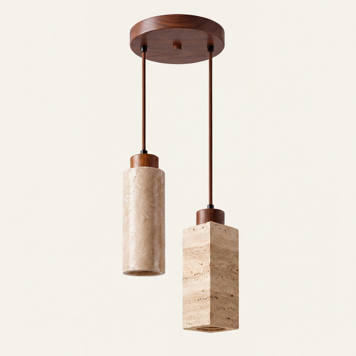 The Colonnina travertine pendant light pair, a round and a square travertine column with walnut caps on one walnut ceiling plate