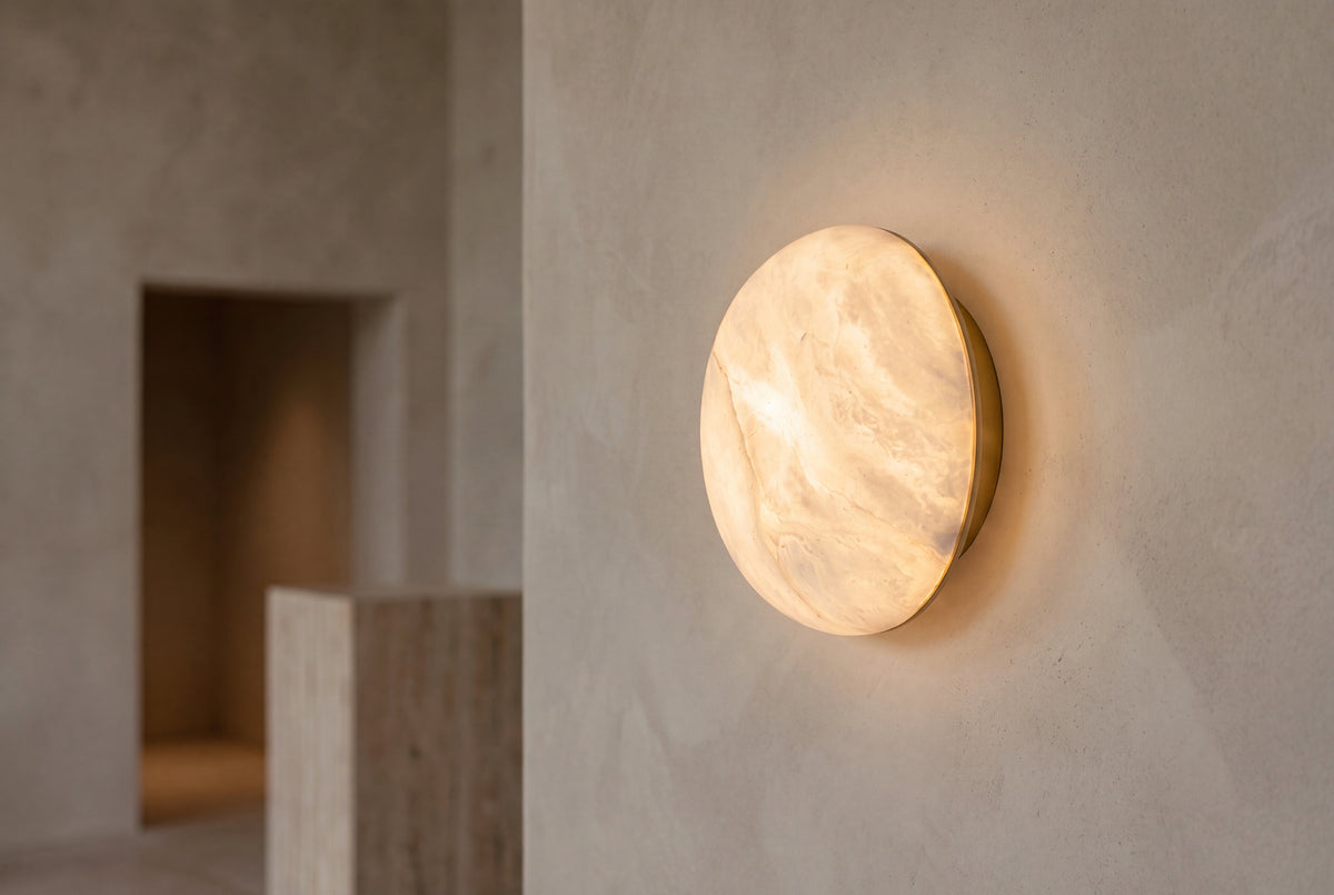 The Conca Alabaster Wall Light, lifestyle close-up
