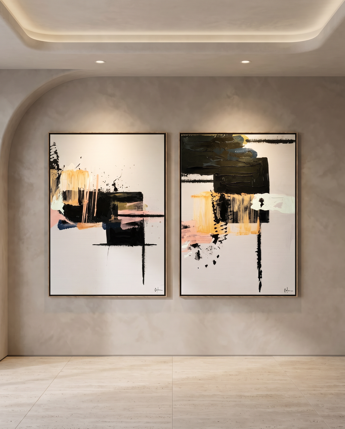 Cortile 1 & 2 canvas artworks in oak frames on a plaster wall