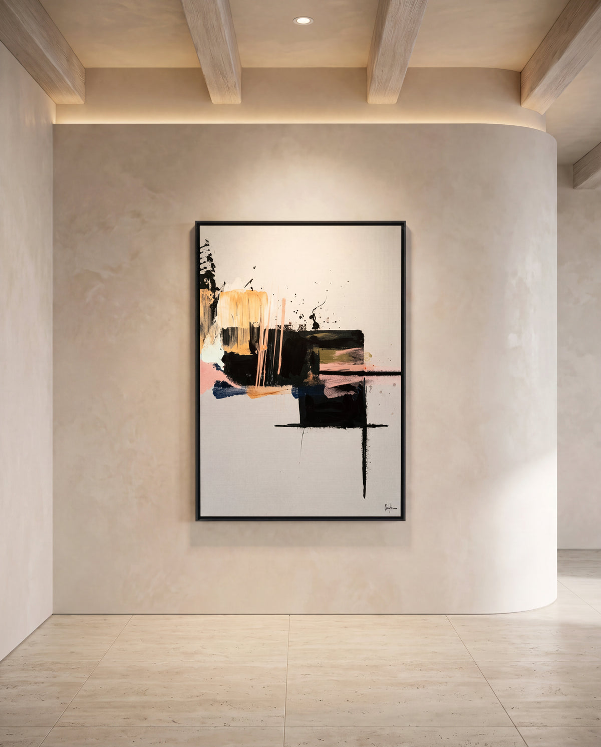 Cortile 1 canvas artwork in a black frame on a plaster wall