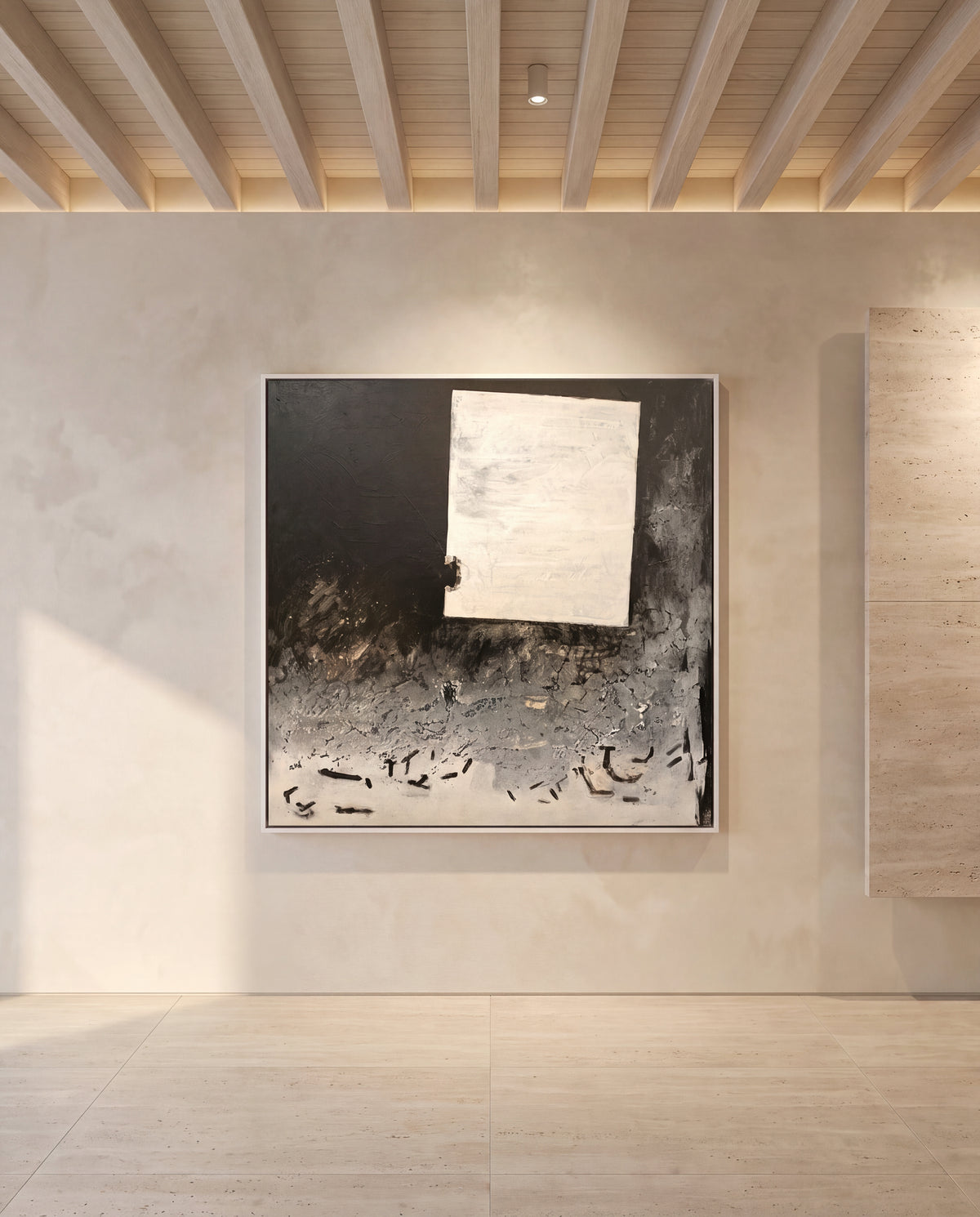 Cortile canvas artwork in a white frame on a plaster wall