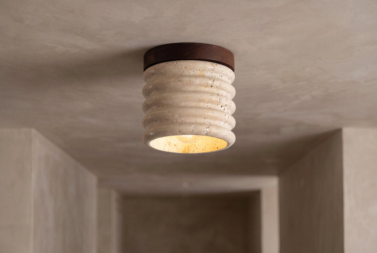 The Costa Travertine Flush Ceiling Light, lifestyle close-up
