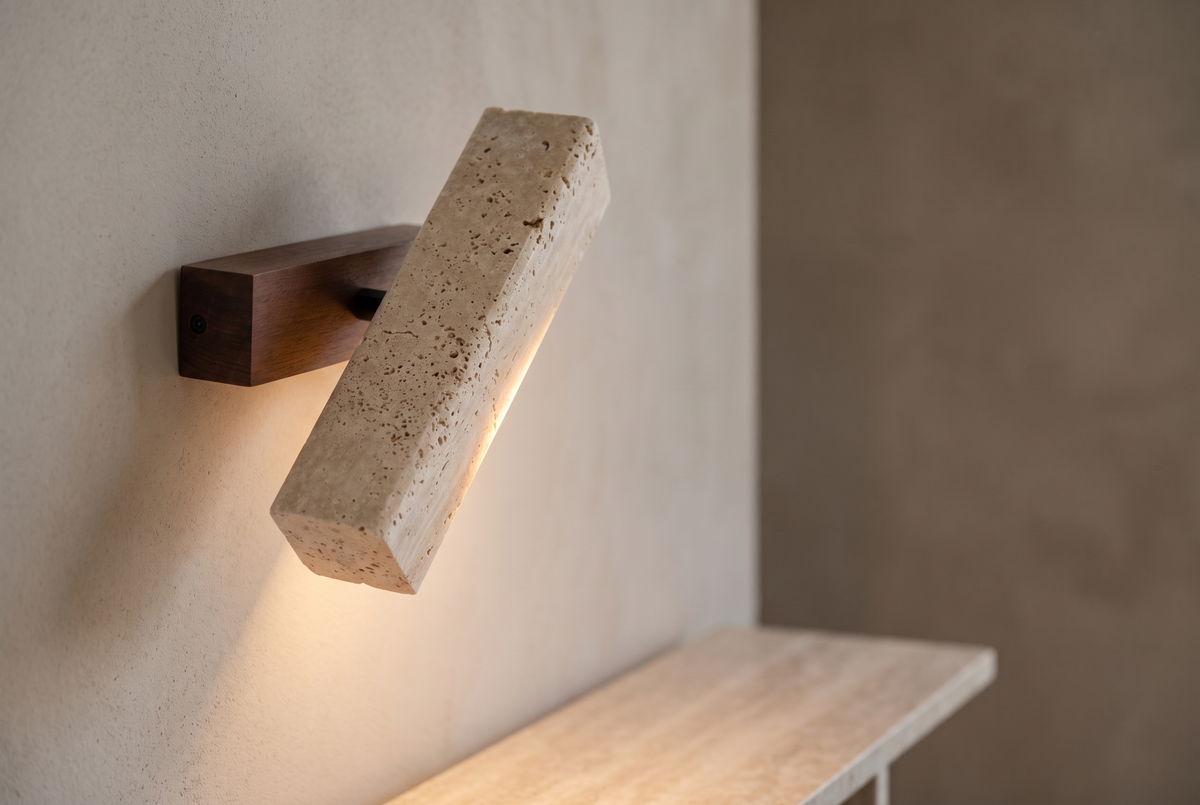 The Croce Travertine Wall Light, lifestyle close-up