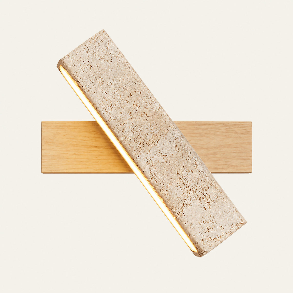 The Croce travertine wall light with a natural oak bar