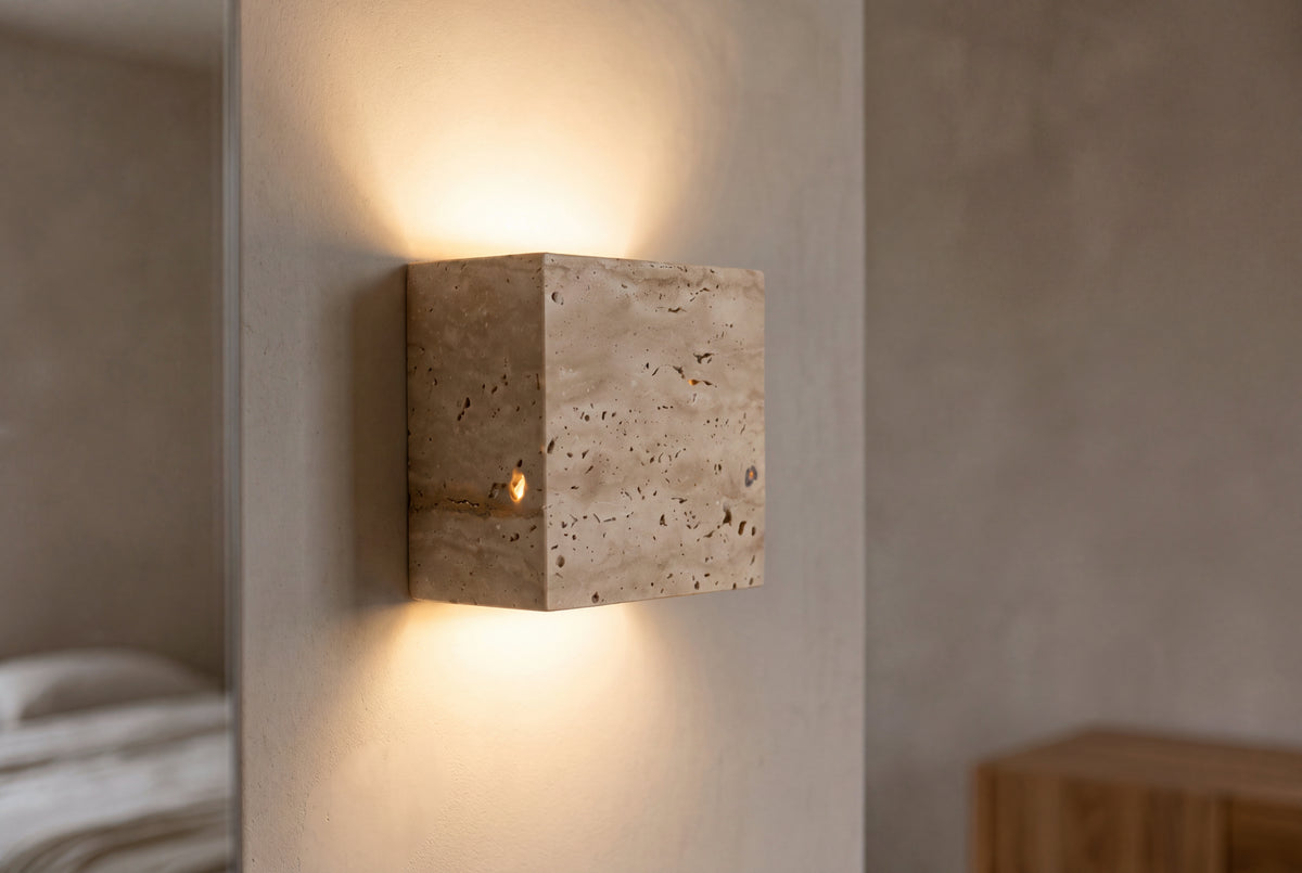 The Cubo Travertine Wall Light, lifestyle close-up