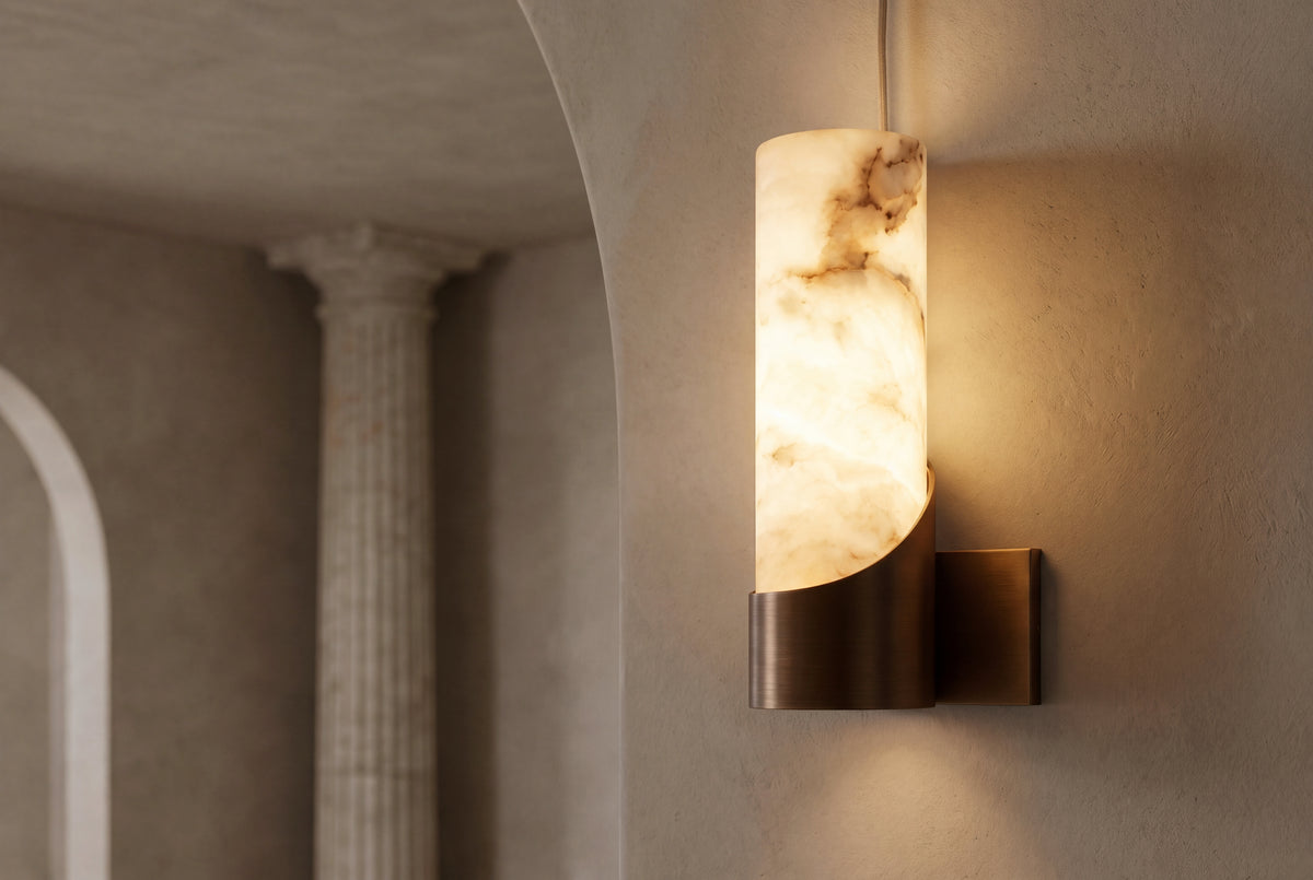 The Culla Alabaster Wall Light, lifestyle close-up