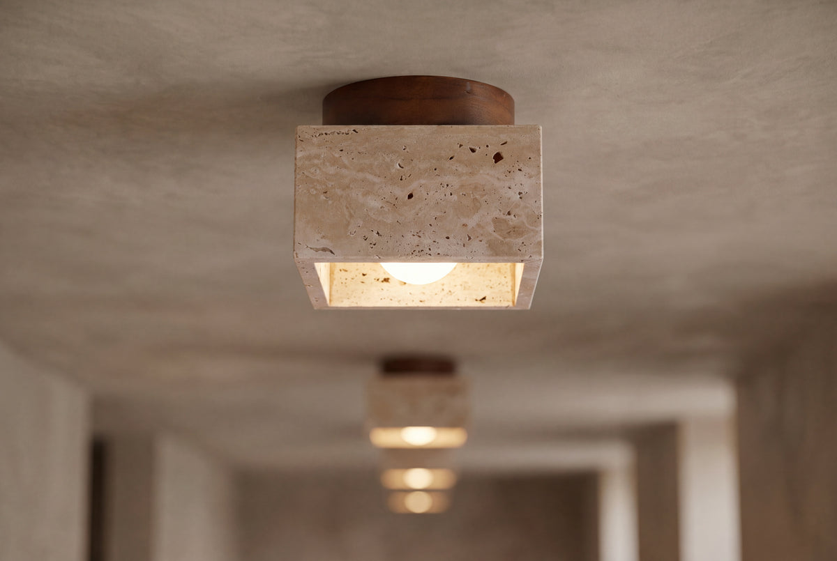 The Dado Travertine Flush Ceiling Light, lifestyle close-up