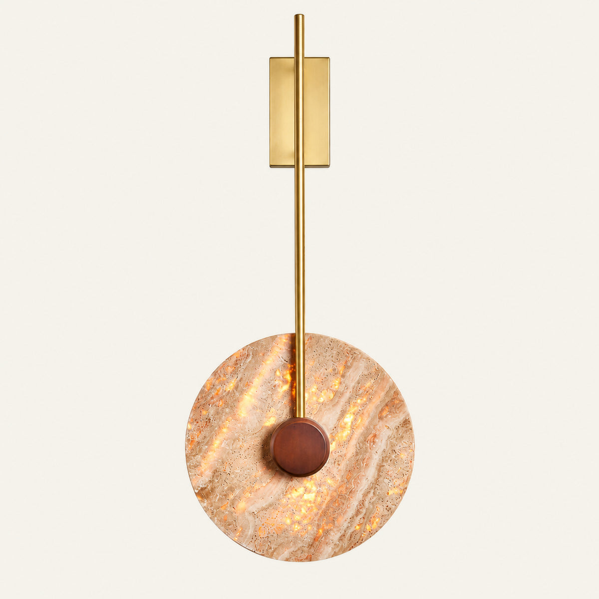 The Disco travertine wall light, a round stone disc on a brass stem