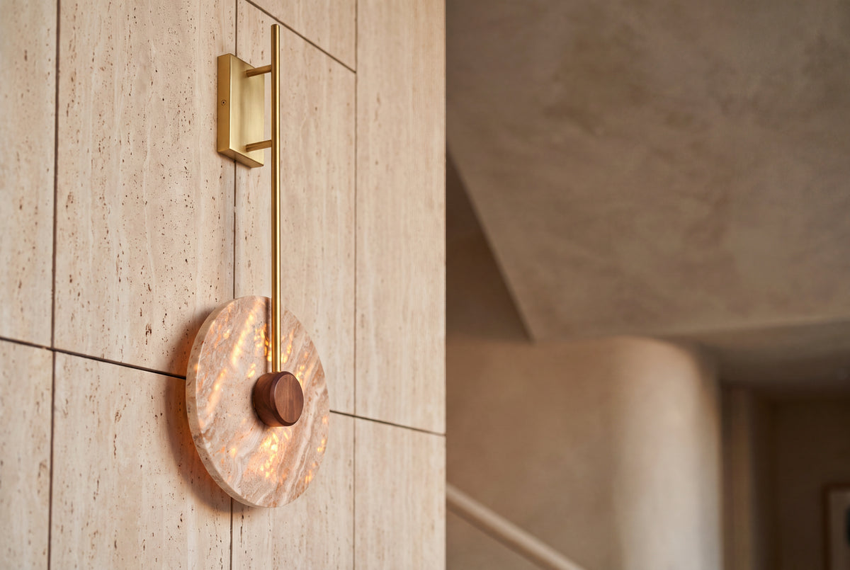 The Disco Travertine Wall Light, lifestyle close-up