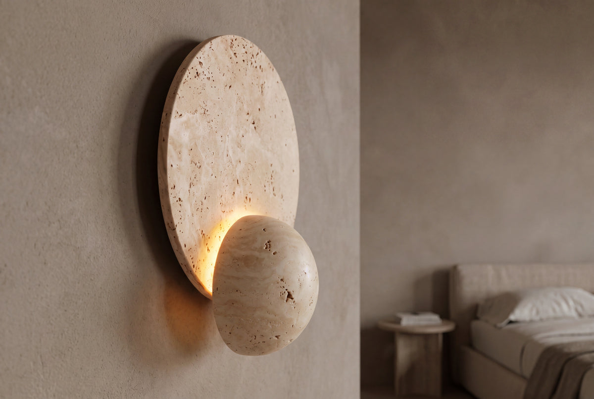 The Doppio Travertine Wall Light, lifestyle close-up