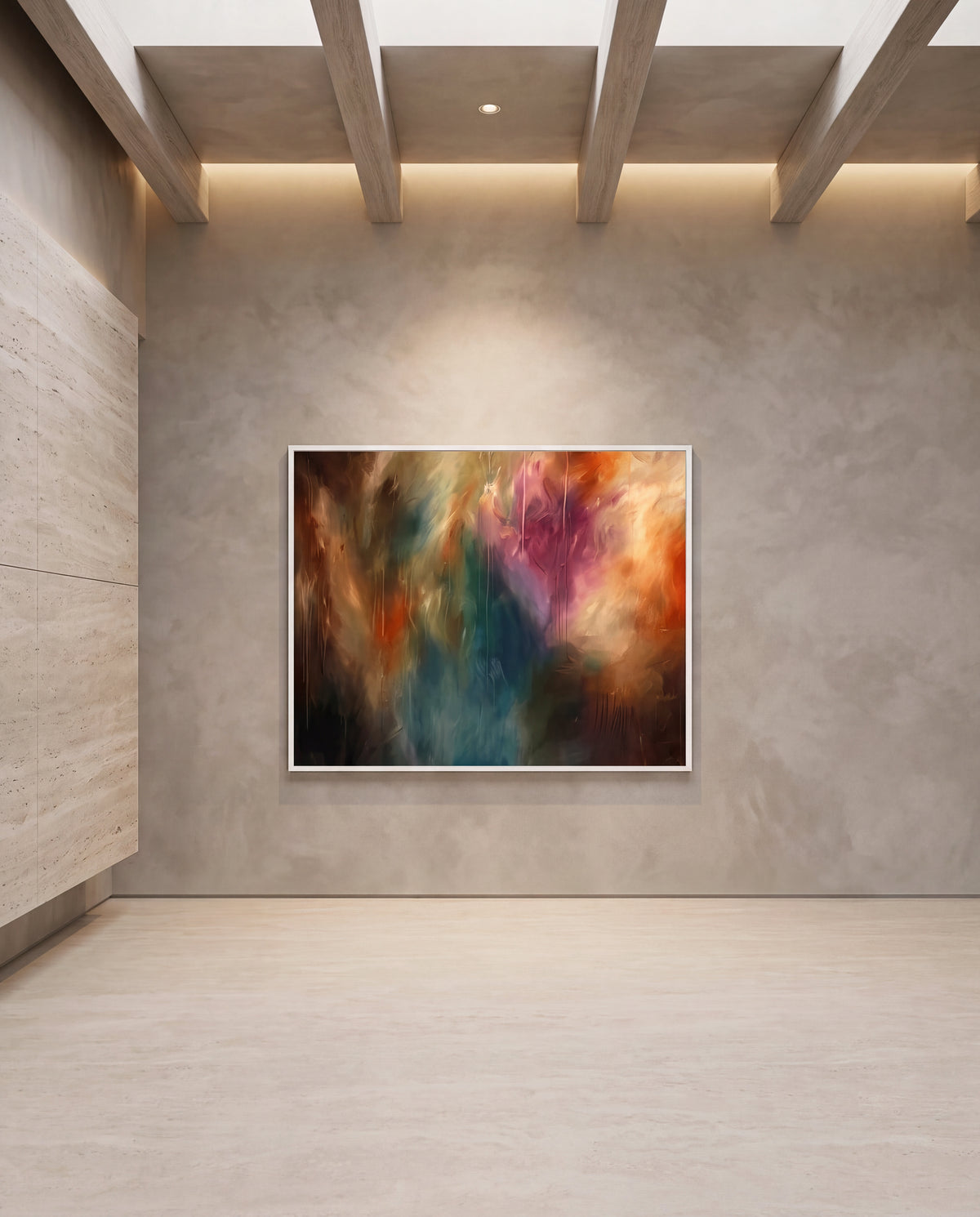 Dreamer canvas artwork in a white frame on a plaster wall
