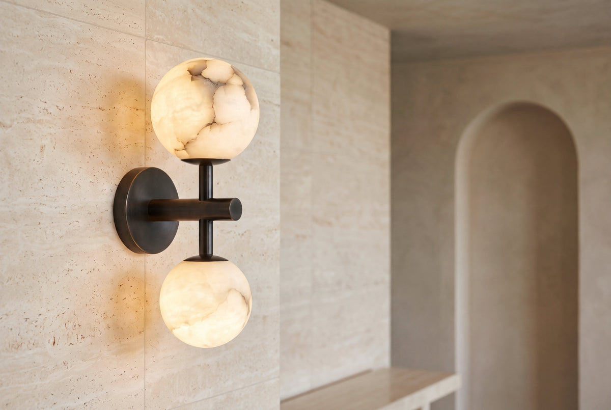 The Duetto Alabaster Wall Light, lifestyle close-up