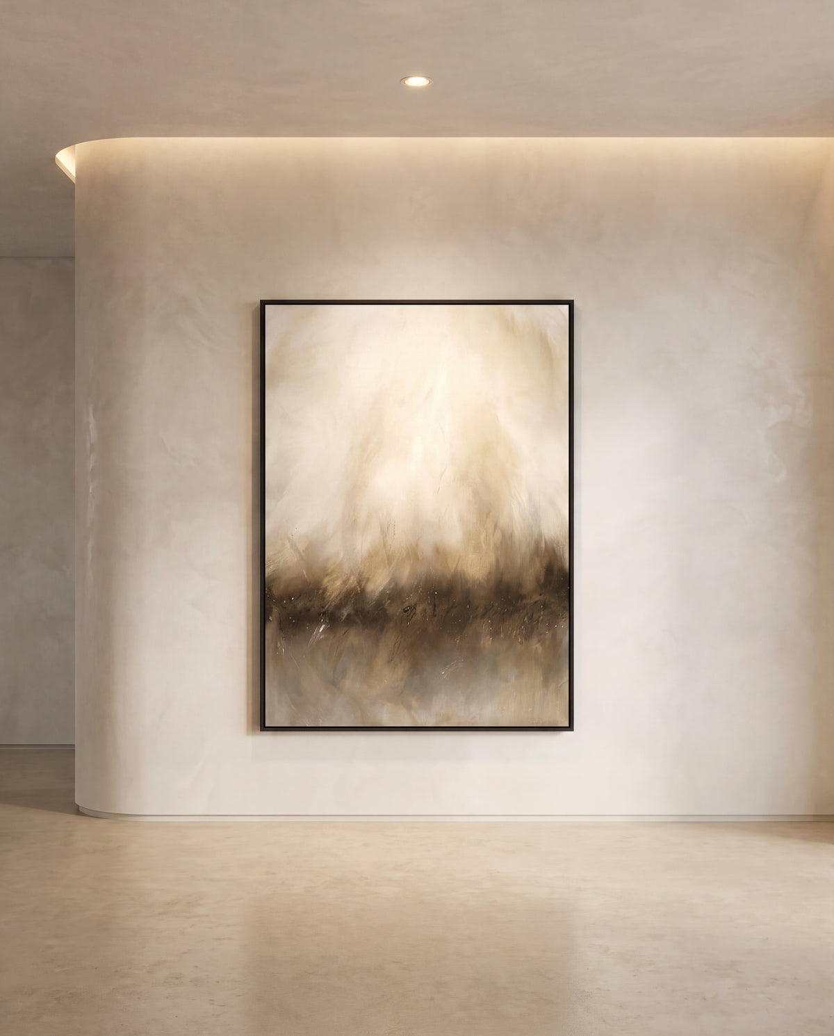 Dusk canvas artwork in a black frame on a plaster wall