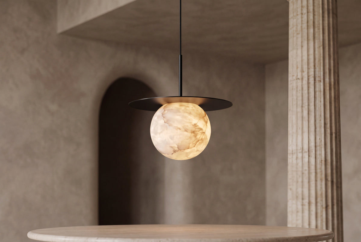 The Eclisse Alabaster Pendant Light, lifestyle close-up