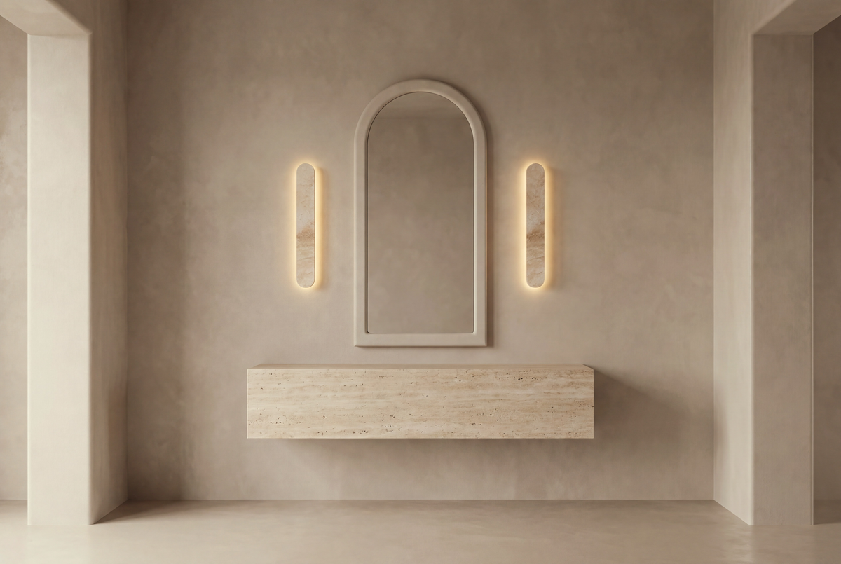 The Ellisse Travertine Wall Light, lifestyle close-up
