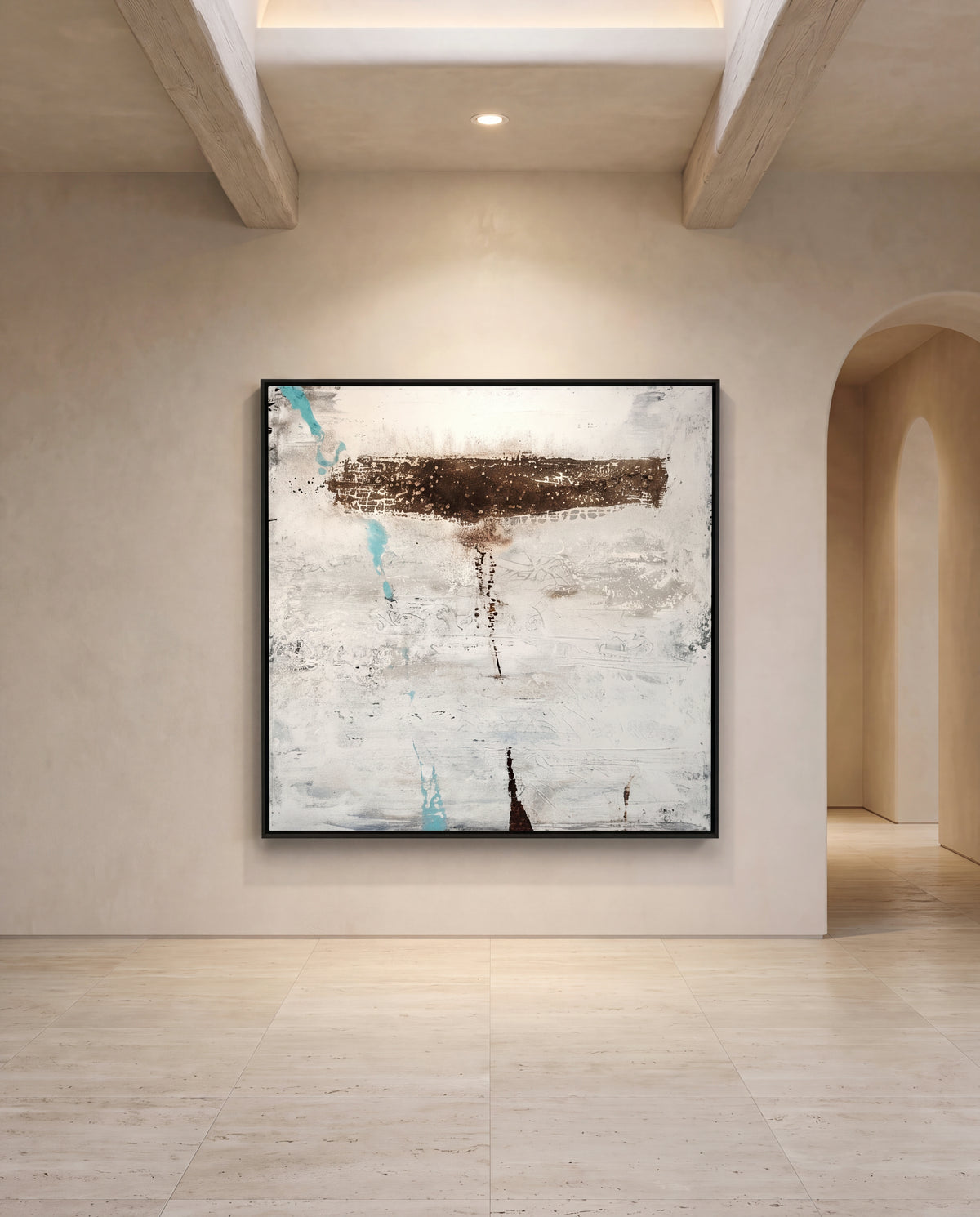 Érosion Céleste canvas artwork in a black frame on a plaster wall