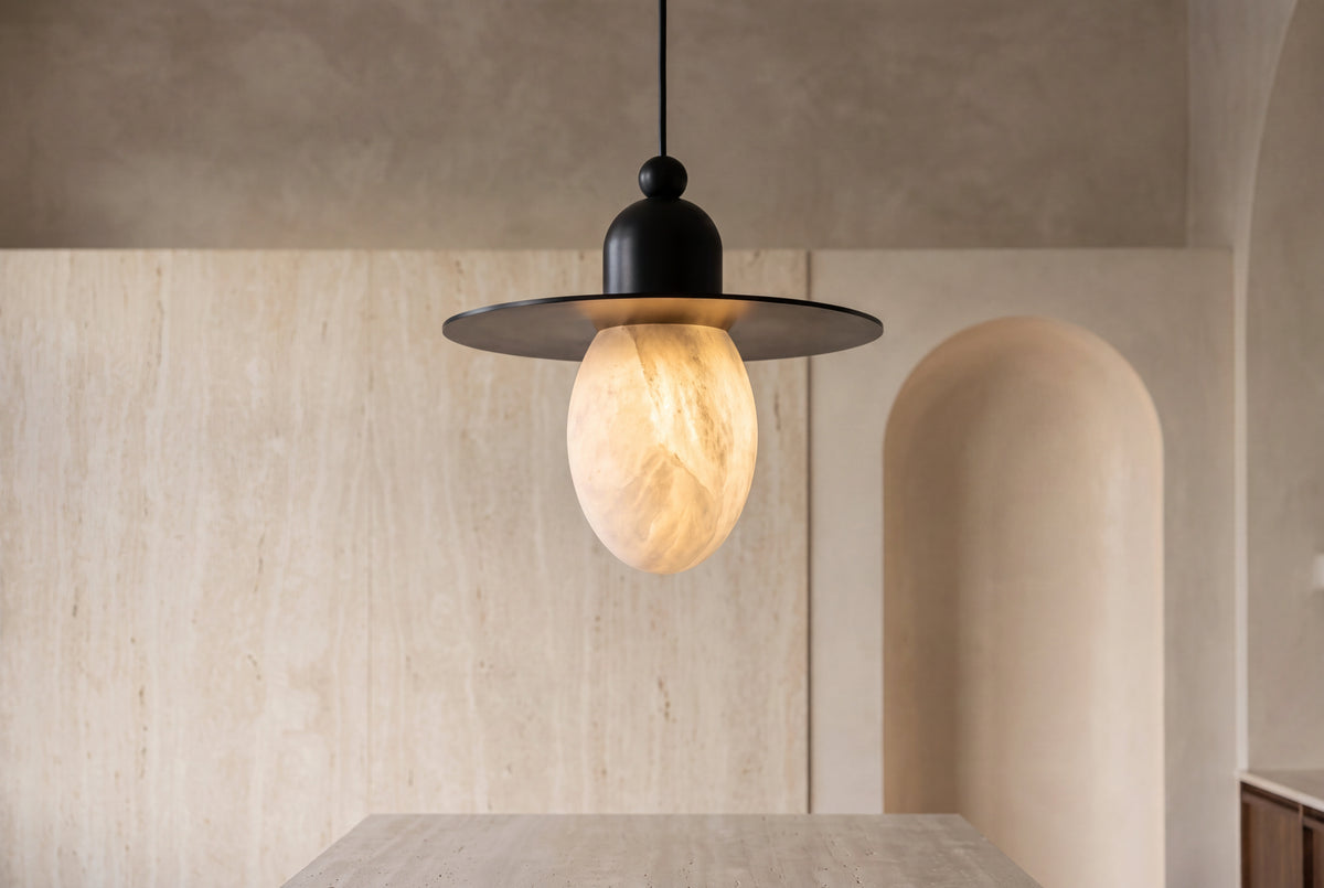 The Falda Alabaster Pendant Light, lifestyle close-up