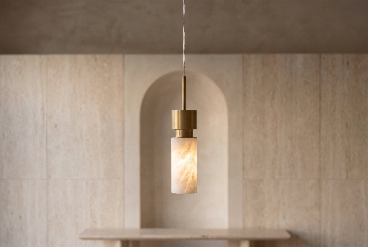 The Faro Alabaster Pendant Light, lifestyle close-up