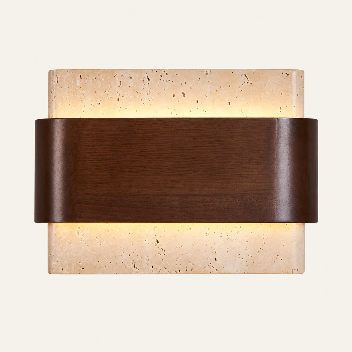 The Fascio travertine wall light with a walnut band