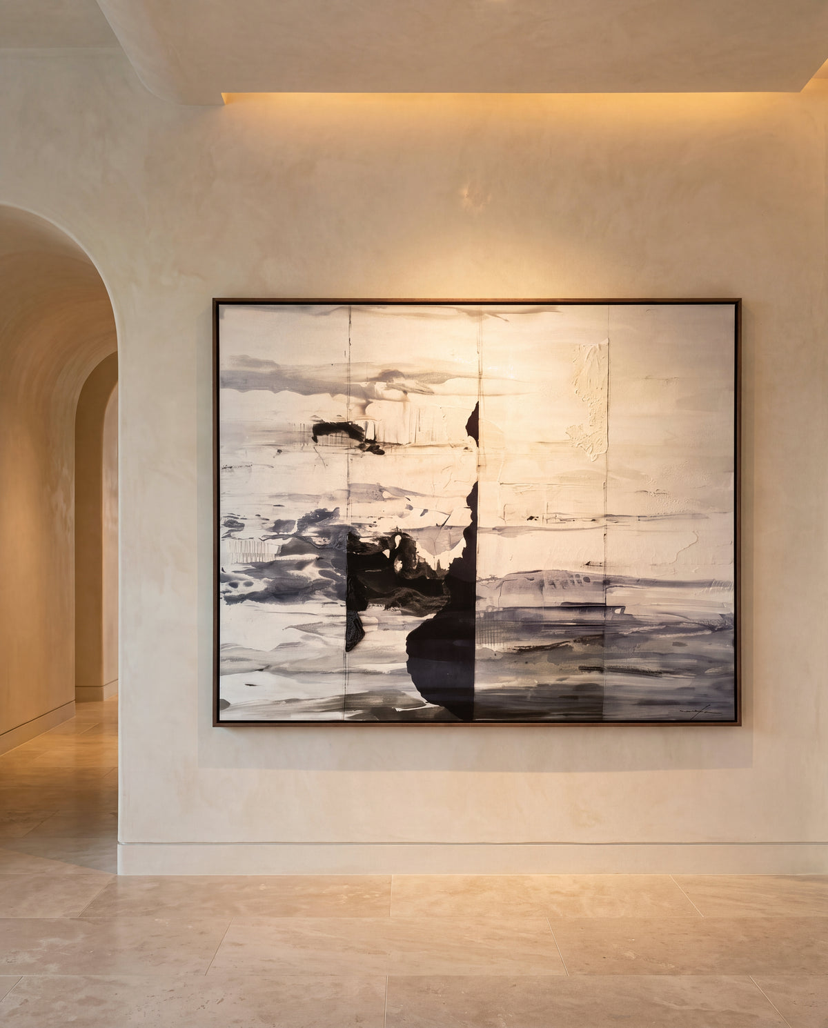 Fente Blanche canvas artwork in a walnut frame on a plaster wall