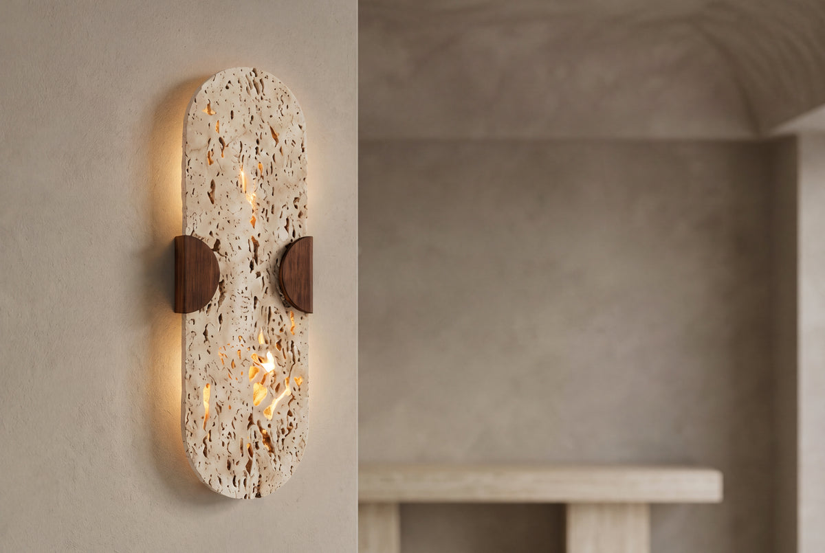 The Fermaglio Travertine Wall Light, lifestyle close-up
