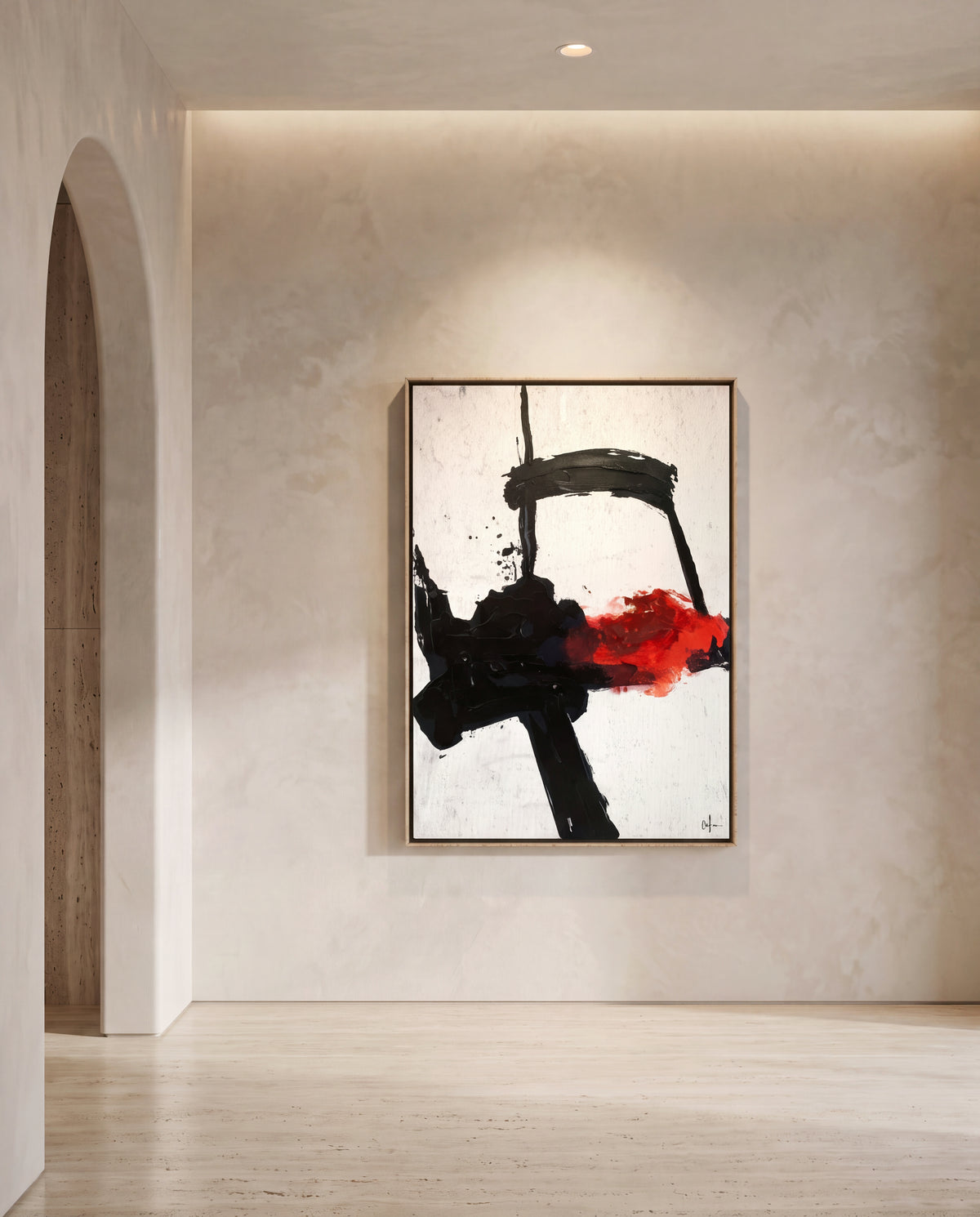 Ferrara canvas artwork in an oak frame on a plaster wall