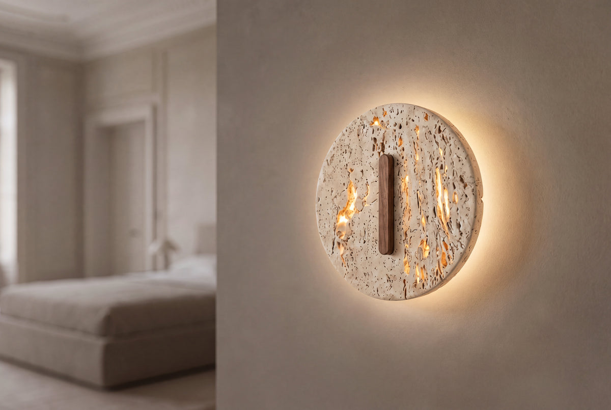 The Fessura Travertine Wall Light, lifestyle close-up