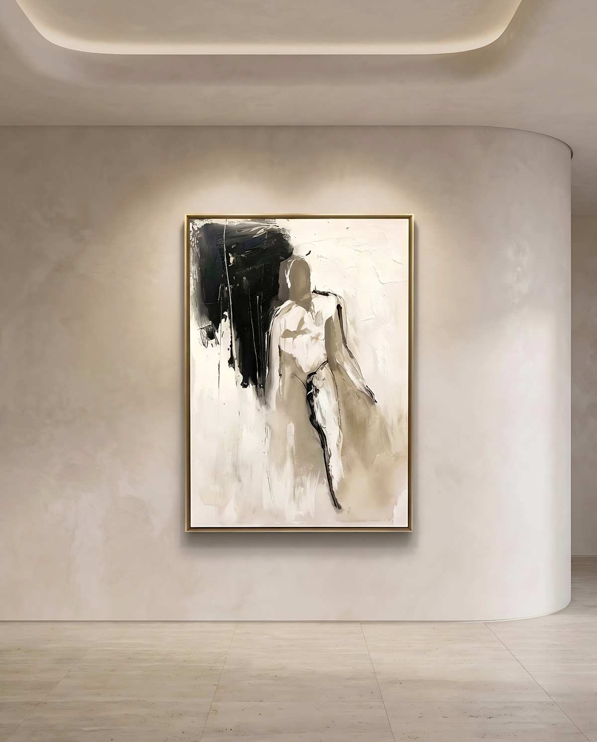 Figura canvas artwork in a gold frame on a plaster wall